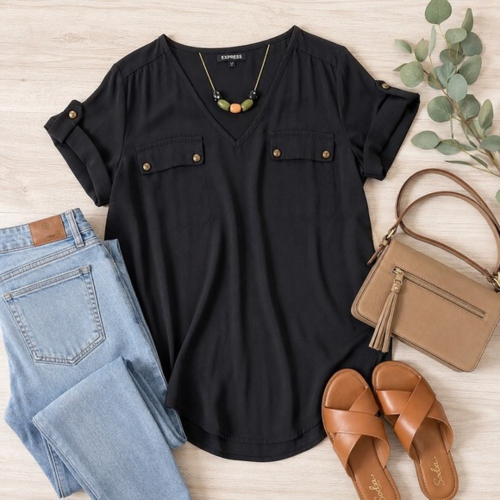 Express Black Sheer V-Neck utility Blouse Women's SP‎ roll tab sleeve petite